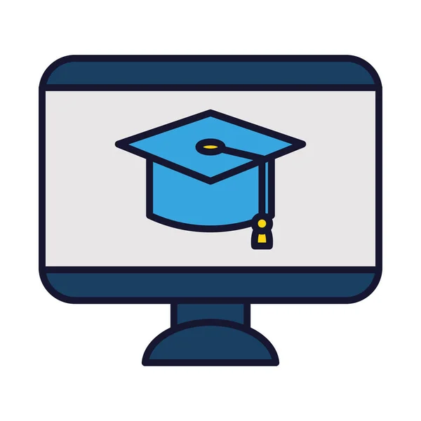 Online education concept, computer with graduation cap icon, line and fill style — Stock Vector