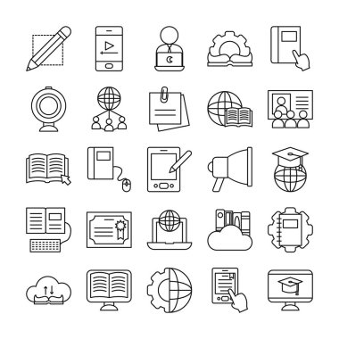 megafon ve çevrimiçi eğitim simgesi seti, satır biçimi
