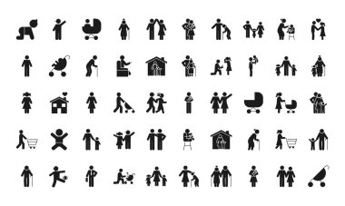 pictogram bebek ve aile simgesi seti, siluet biçimi