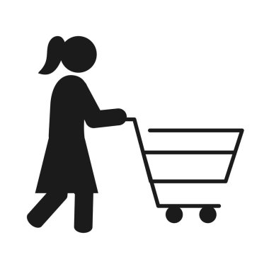 Alışveriş arabası simgesi silueti olan resimli kadın.