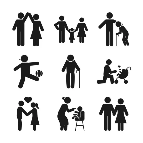 Piktogramm-Paar und Menschen-Icon-Set, Silhouetten-Stil — Stockvektor