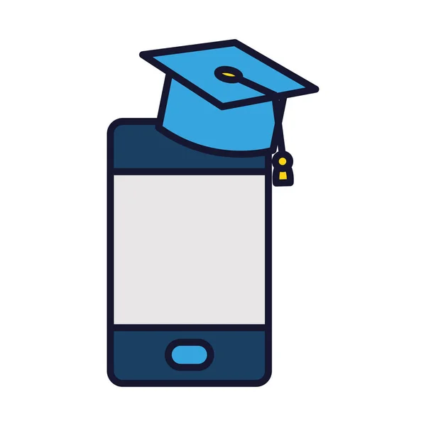 Online-Bildungskonzept, Smartphone mit Mützensymbol, Zeilen- und Füllstil — Stockvektor