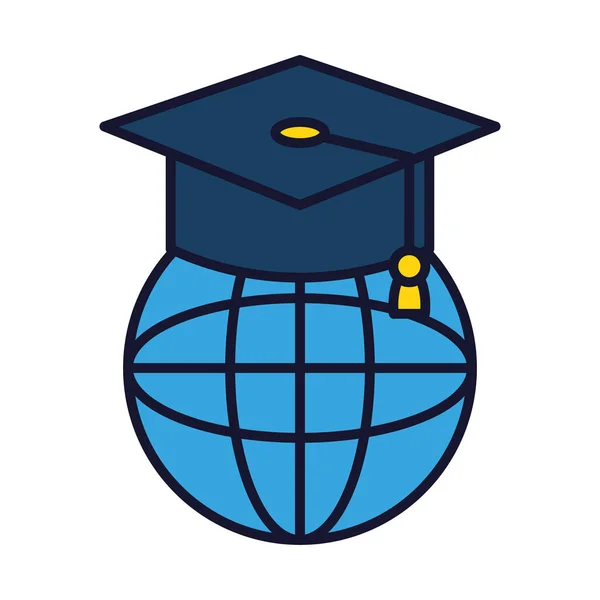 Concept d'éducation en ligne, sphère mondiale avec icône de chapeau de graduation, ligne et style de remplissage — Image vectorielle