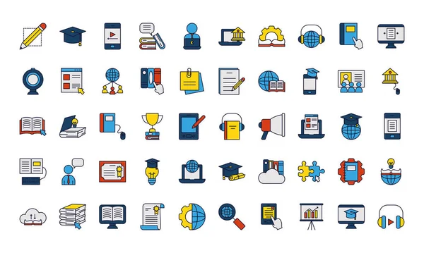 Online onderwijs pictogram set, lijn en vul stijl — Stockvector