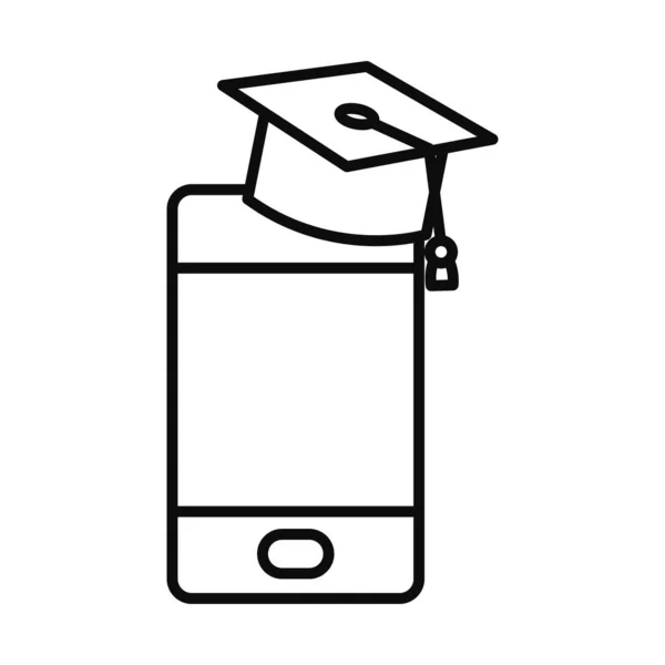 Concepto de educación en línea, smartphone con icono de la tapa de graduación, estilo de línea — Vector de stock