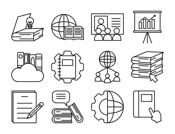 Boek en online onderwijs pictogram set, lijn stijl — Stockvector