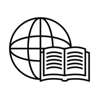 Çevrimiçi eğitim kavramı, küresel çevre ve akademik kitap ikonu, satır biçimi