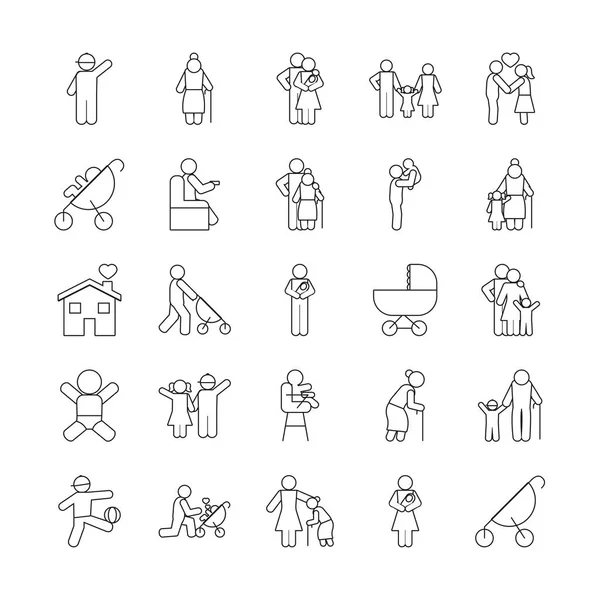 Kinderwagen und Piktogramm Menschen Icon Set, Linienstil — Stockvektor