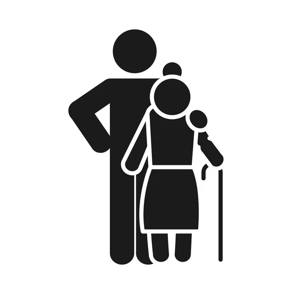 Piktogramm Mann mit alter Frau mit Stock, Silhouettenstil — Stockvektor
