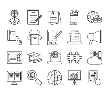 mezuniyet başlığı ve çevrimiçi eğitim simgesi seti, satır biçimi