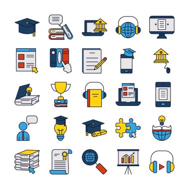 büyüteç ve çevrimiçi eğitim simgesi seti, satır ve doldurma biçimi