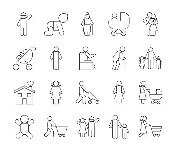 Piktogramm Alte und Familie Icon Set, Linienstil — Stockvektor