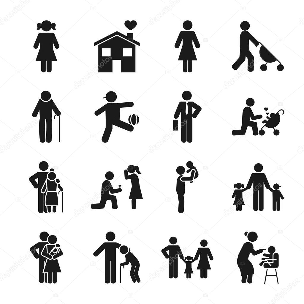 pictogram kids and people icon set, silhouette style