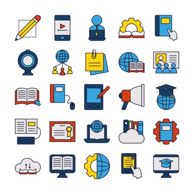 megafon ve çevrimiçi eğitim simgesi seti, satır ve doldurma biçimi