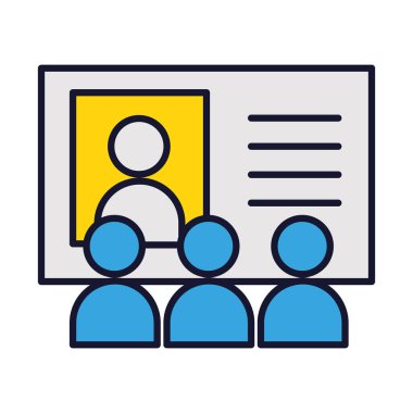 Çevrimiçi eğitim kavramı, sunum tahtası ekranda ve Avatar öğrencileri, çizgi ve dolgu stili