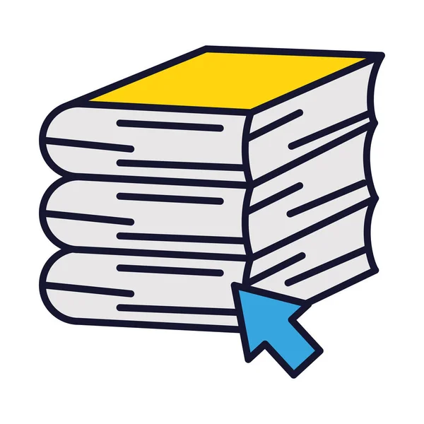 Online utbildning koncept, stack böcker med pil markör ikon, linje och fyll stil — Stock vektor