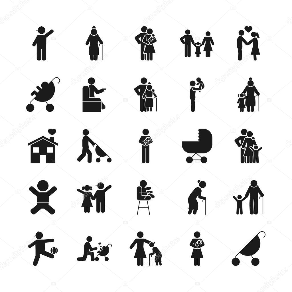 strolley and pictogram people icon set, silhouette style