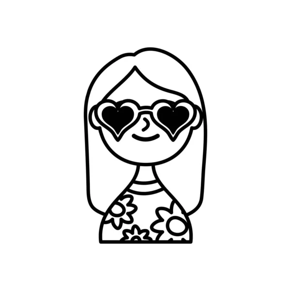 Mulher dos desenhos animados sorrindo e vestindo corações óculos de sol ícone, estilo de linha — Vetor de Stock