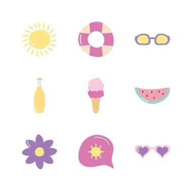 çiçek ve yaz simgesi seti, düz stil