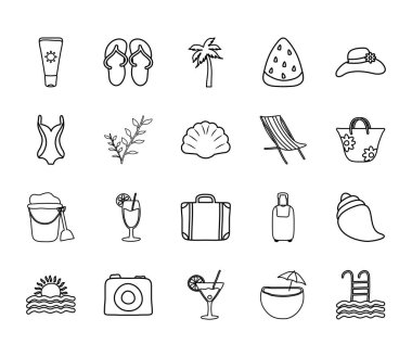 tropikal palmiye ve yaz ikonu seti, çizgi biçimi