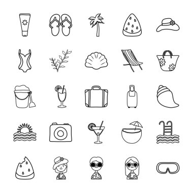 seyahat valizi ve yaz simgesi seti, satır biçimi