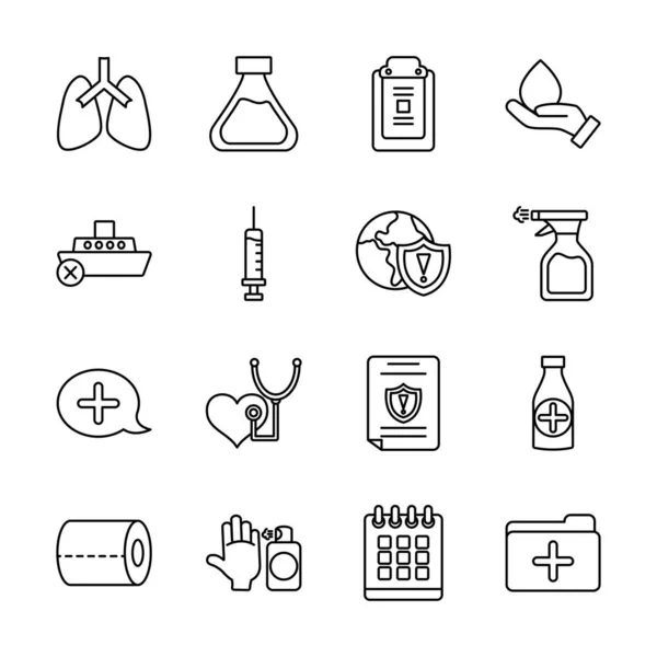 Chemische kolf en covid19 icoon set, lijnstijl — Stockvector