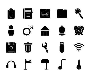 müzik notası ve web simgeleri simgesi seti, siluet biçimi