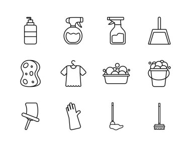 Sprey şişeler ve temizlik aletleri simgesi seti, satır biçimi