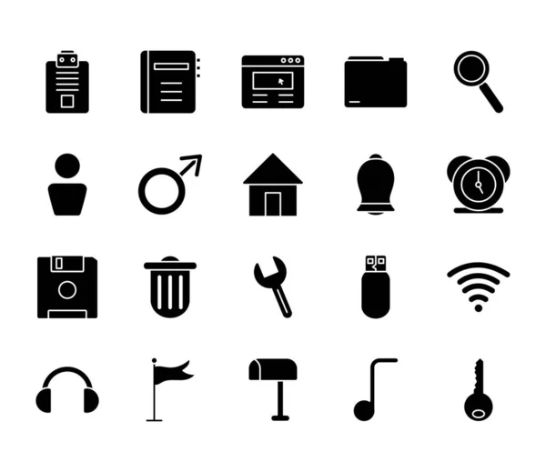 Nota musical y símbolos web icono conjunto, estilo silueta — Vector de stock