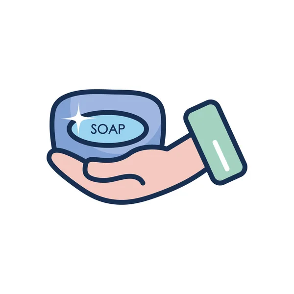 Hand holding a soap bar icon, line fill style — Stock Vector