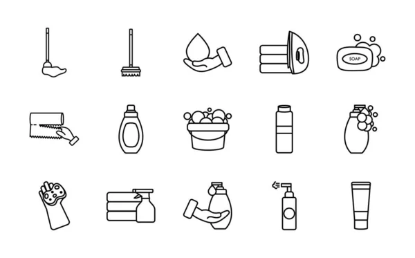 Barra de jabón y productos de limpieza icono conjunto, estilo de línea — Vector de stock
