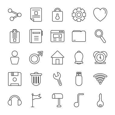 Alarm saati ve web sembolleri simgesi seti, satır biçimi