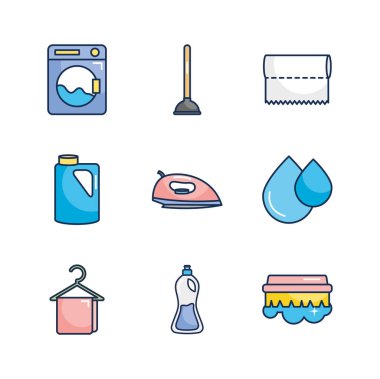 tuvalet pompası ve temizlik ürünleri simgesi seti, satır doldurma biçimi