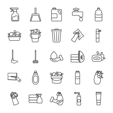 su musluğu ve temizlik ürünleri simgesi seti, satır biçimi