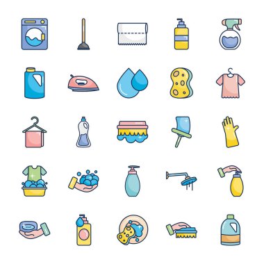 çamaşır makinesi ve temizlik araçları simgesi seti, satır doldurma biçimi