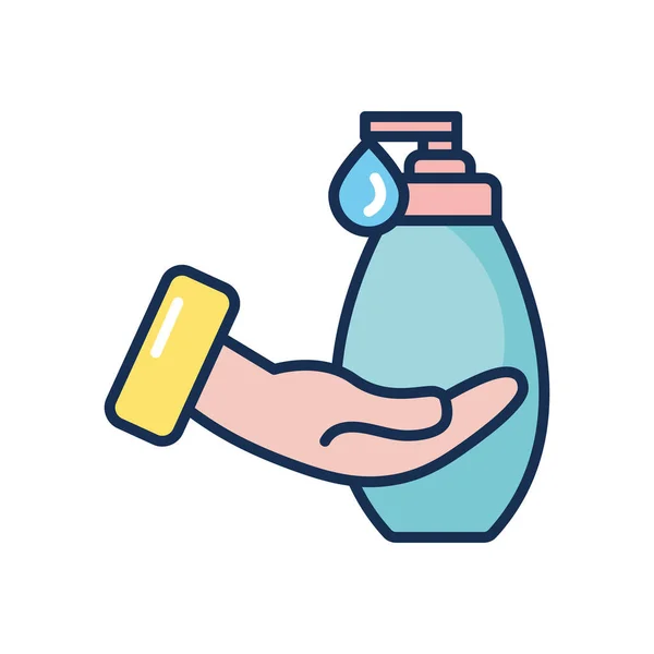 Hand with soap bottle icon, line fill style — Stock Vector