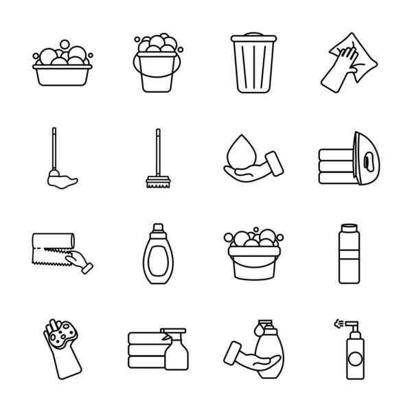 Cubos y productos de limpieza icono conjunto, estilo de línea — Archivo Imágenes Vectoriales