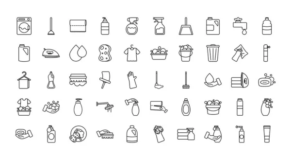 Herramientas de limpieza icono conjunto, estilo de línea — Archivo Imágenes Vectoriales