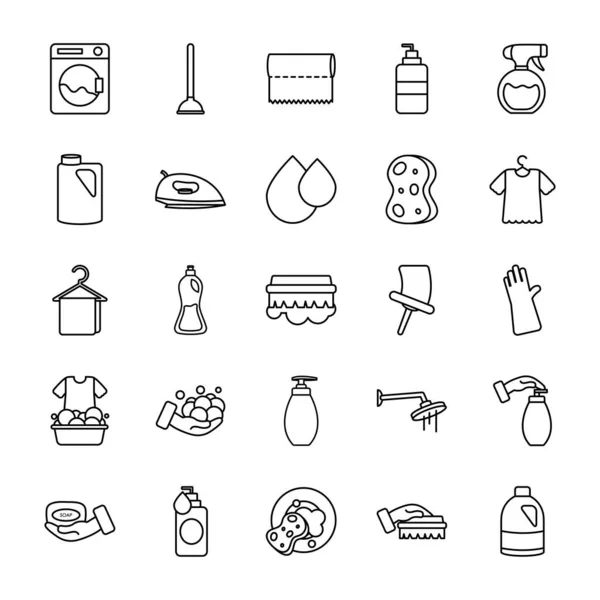 Washing machine and cleaning tools icon set, line style — Stock Vector