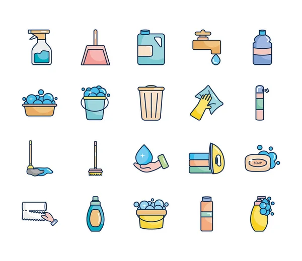 Set de iconos de cubeta y productos de limpieza, estilo de relleno de línea — Archivo Imágenes Vectoriales