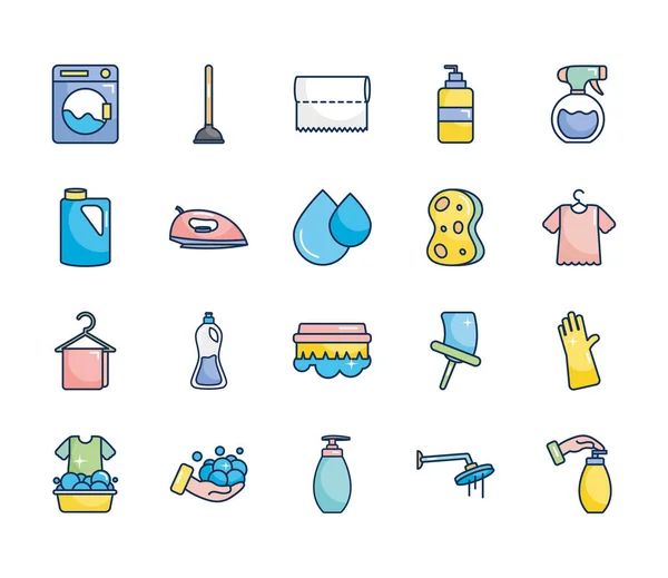 Toilettenpumpe und Reinigungswerkzeuge Symbolset, Zeilenfüllstil — Stockvektor
