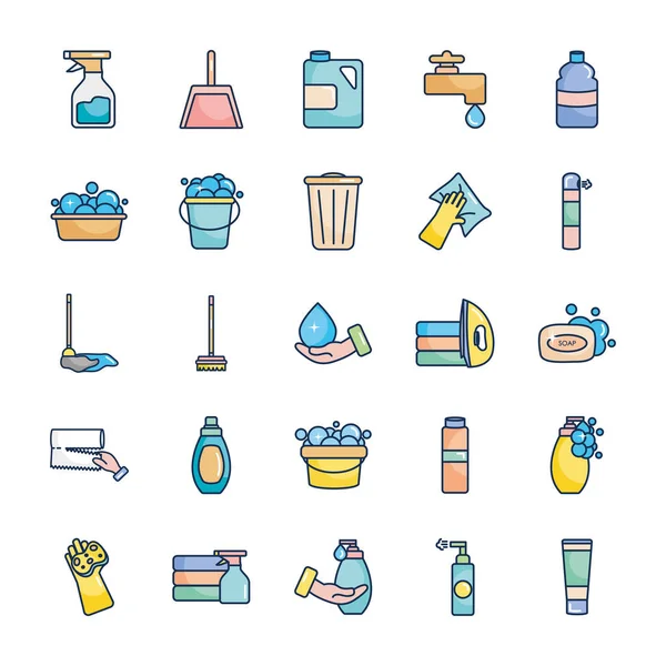 Robinet d'eau et produits de nettoyage icône ensemble, style de remplissage de ligne — Image vectorielle