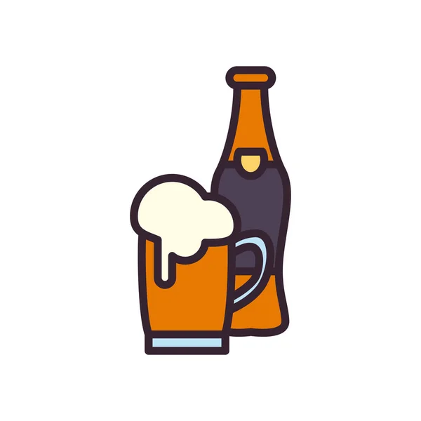ビールグラスとボトルのラインと充填スタイルのアイコンベクトルデザイン — ストックベクタ