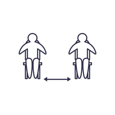 Sandalyelerdeki avatarlar arasında sosyal uzaklık çizgisi biçim vektör tasarımı