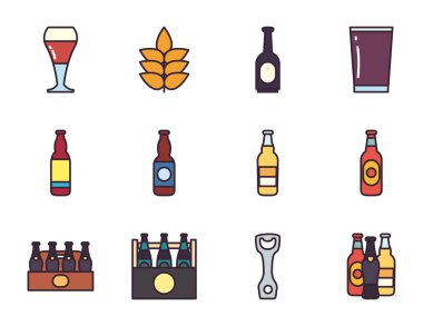 Bira festivali çizgisi ve biçim ikonu set vektör tasarımı