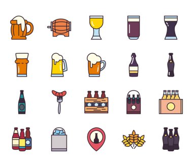 Bira festivali çizgisi ve biçim ikonu set vektör tasarımı