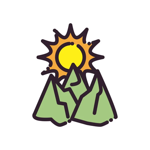 孤立した太陽と山のフィルとラインスタイルのアイコンベクトルデザイン — ストックベクタ