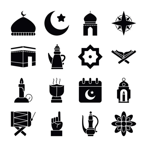 Eid mubarak silhueta estilo ícone conjunto vetor design — Vetor de Stock