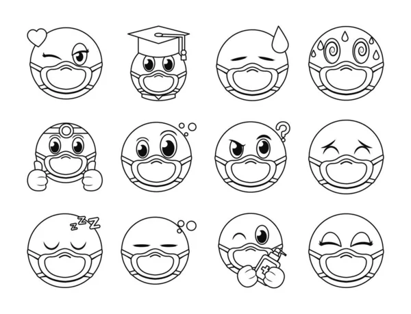 Emojis com máscaras linha estilo ícone conjunto vetor design —  Vetores de Stock