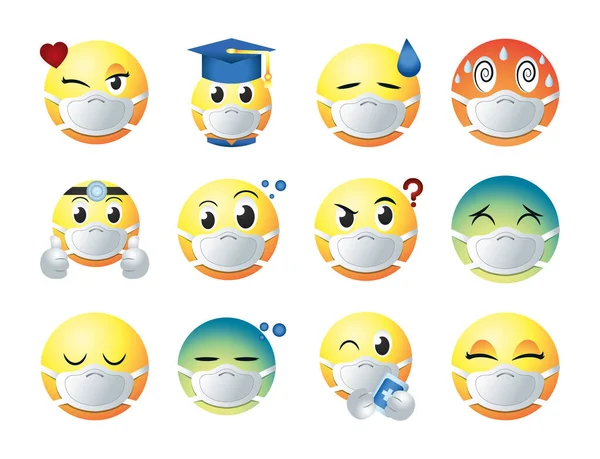 Emojis s maskou styl přechodu ikony nastavit vektorový design — Stockový vektor